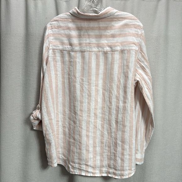 Linen Cabana Stripe boyfriend shirt Women’s SZ XL EUC pink/white beach summer - Picture 5 of 6